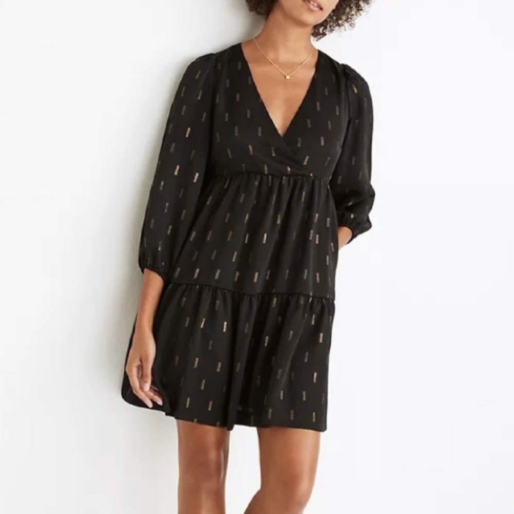 Madewell metallic jacquard faux wrap mini black gold tiered shimmer dress large